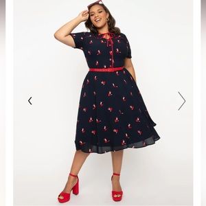 Unique Vintage Navy & Fox Print Estelle Swing Dress